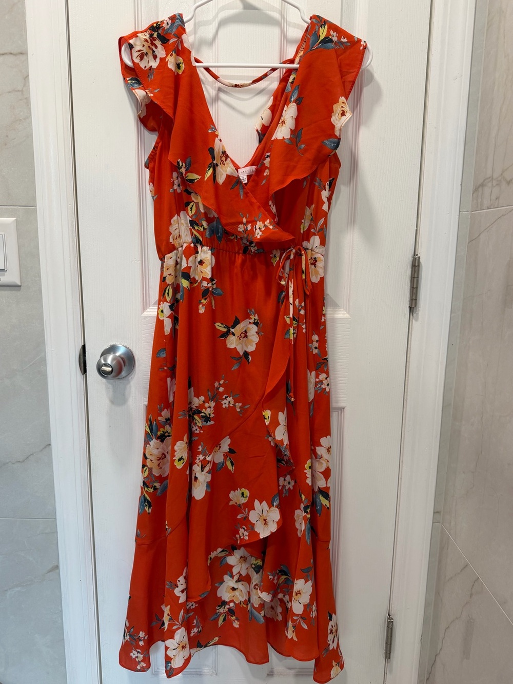 Socialite-S- Floral Ruffle Wrap Midi Dress in Bright Orange